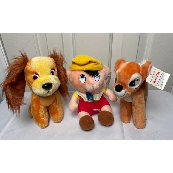 Disney Other - Vintage Walt Disney Pinocchio Bambi Lady Animated Film Classic PLUSH Lot Of 3